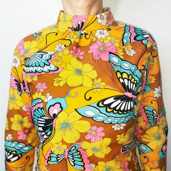 Vintage 1970s Iconic Womens Mini Dress Butterflies Flowers Mod A-line Woodstock - Picture 15 of 16